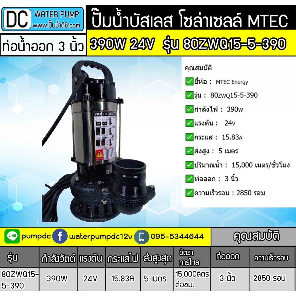ปั๊มน้ำบัสเลส 390W 24V รุ่น 80ZWQ15-5-390 ท่อ 3 นิ้ว